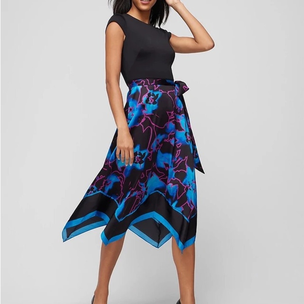 White House Black Market Blue and Black Asymmetrical Wrap Dress